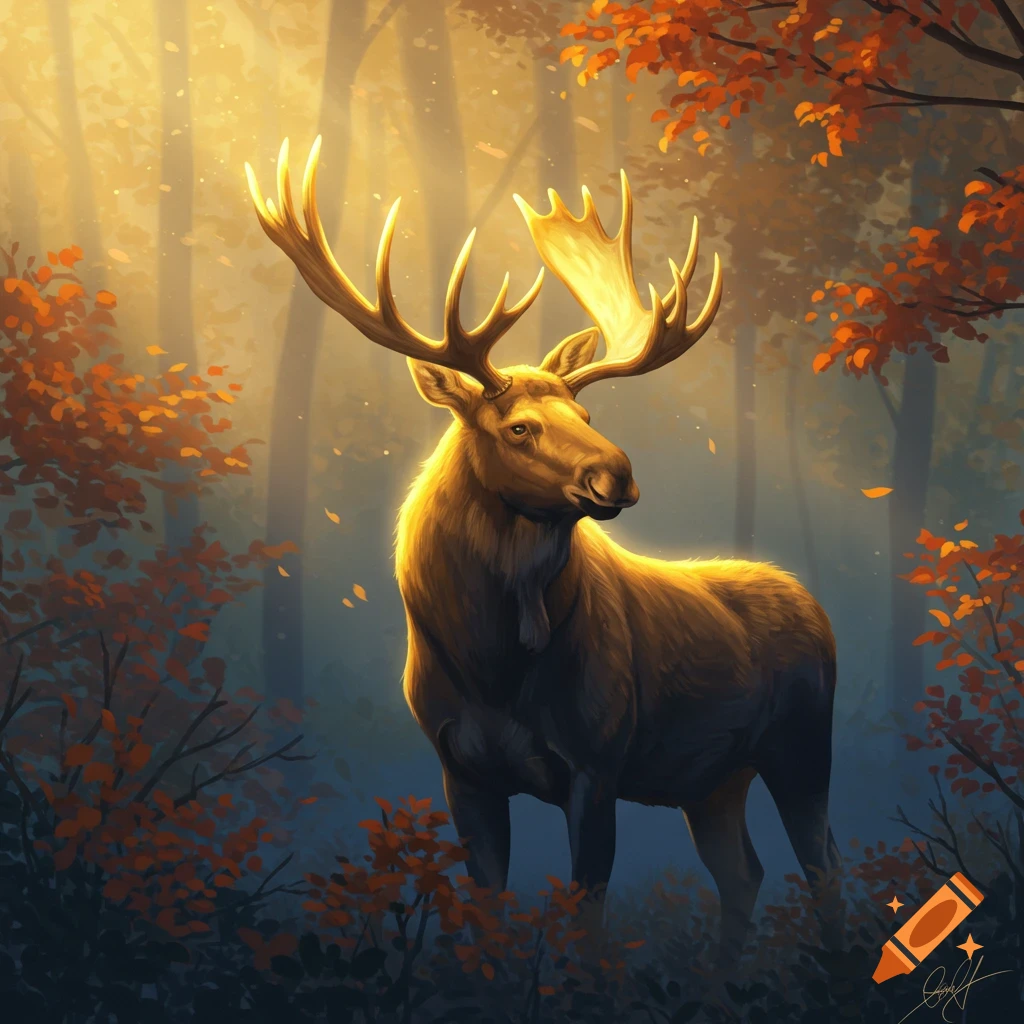 A golden moose stands in an autumn forest bathed in warm, ethereal light, with glowing antlers and falling leaves.