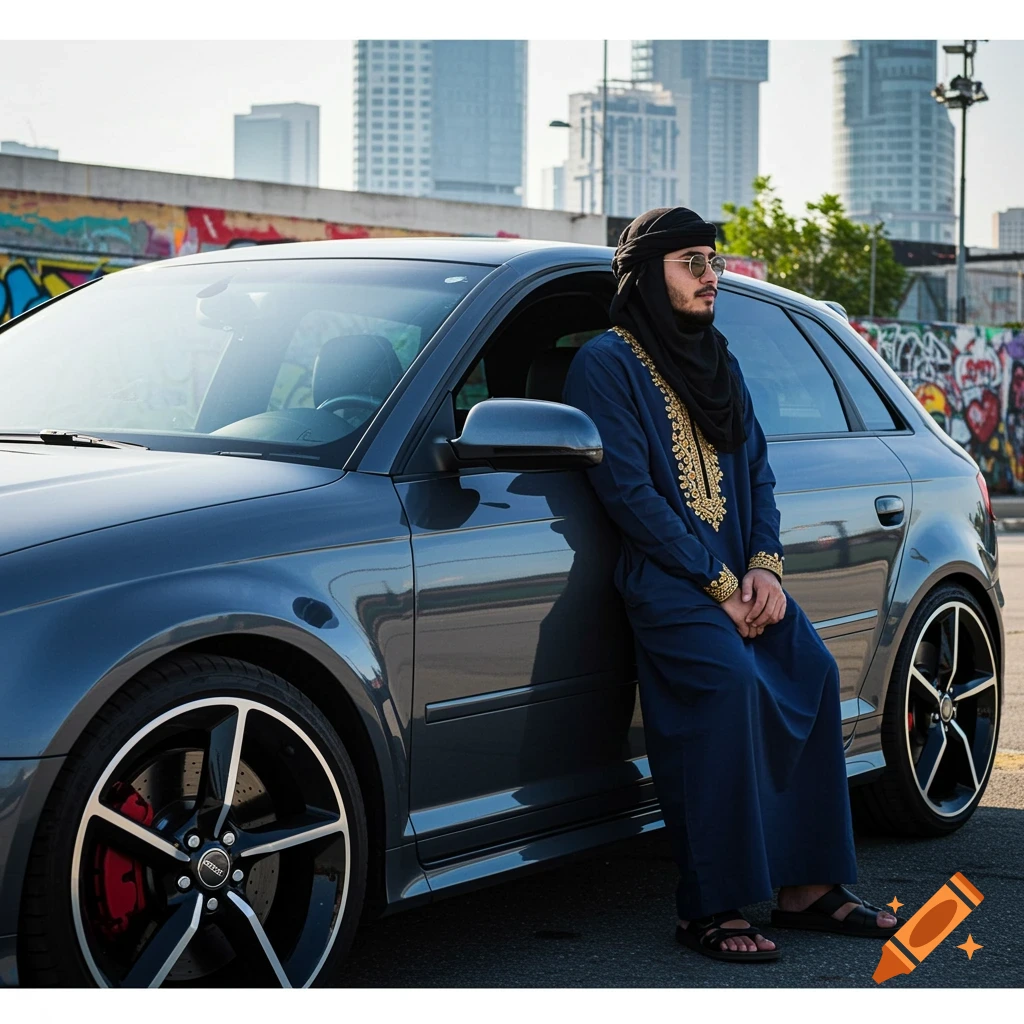 A man in a dark blue, gold-embroidered tunic and black head covering leans against a gray Audi RS3 sport car in an urban setting.