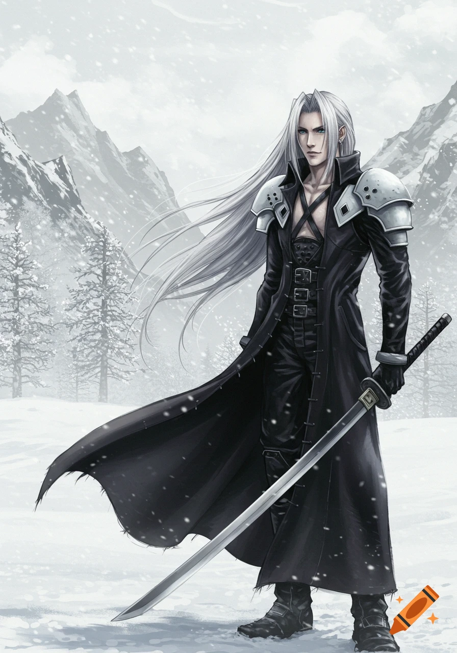 An illustration of Sephiroth with long silver hair, wearing a black trench coat and holding a katana, standing in a snowy winter landscape.