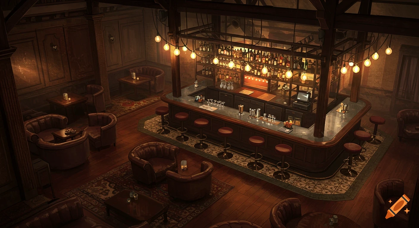 An aerial view of a dimly lit, empty bar with a long counter, bar stools, and several lounge seating areas.