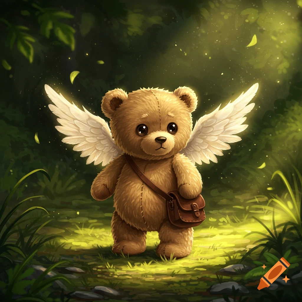 A cute teddy bear with white wings and a brown leather satchel stands in a magical forest clearing with light rays.