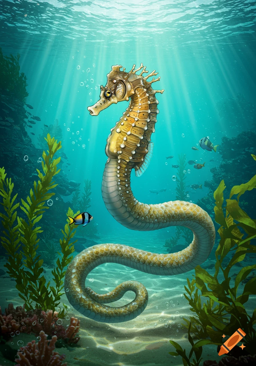 An illustration of a creature with a seahorse head and a snake body swimming in an underwater scene with sunbeams, kelp, and small fish.