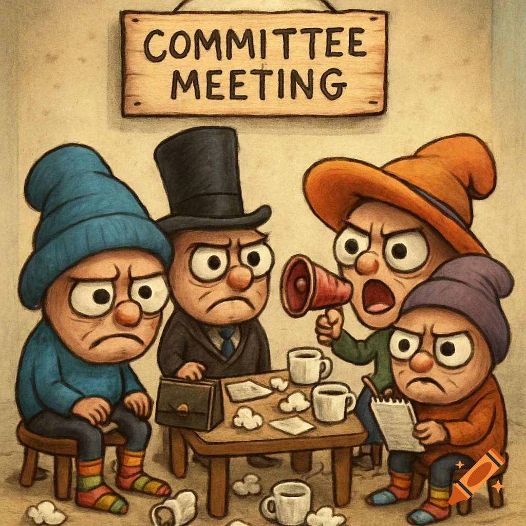 A whimsical cartoon shows four small, disgruntled characters, one yelling into a megaphone, at a cluttered committee meeting table under a 'COMMITTEE MEETING' sign.