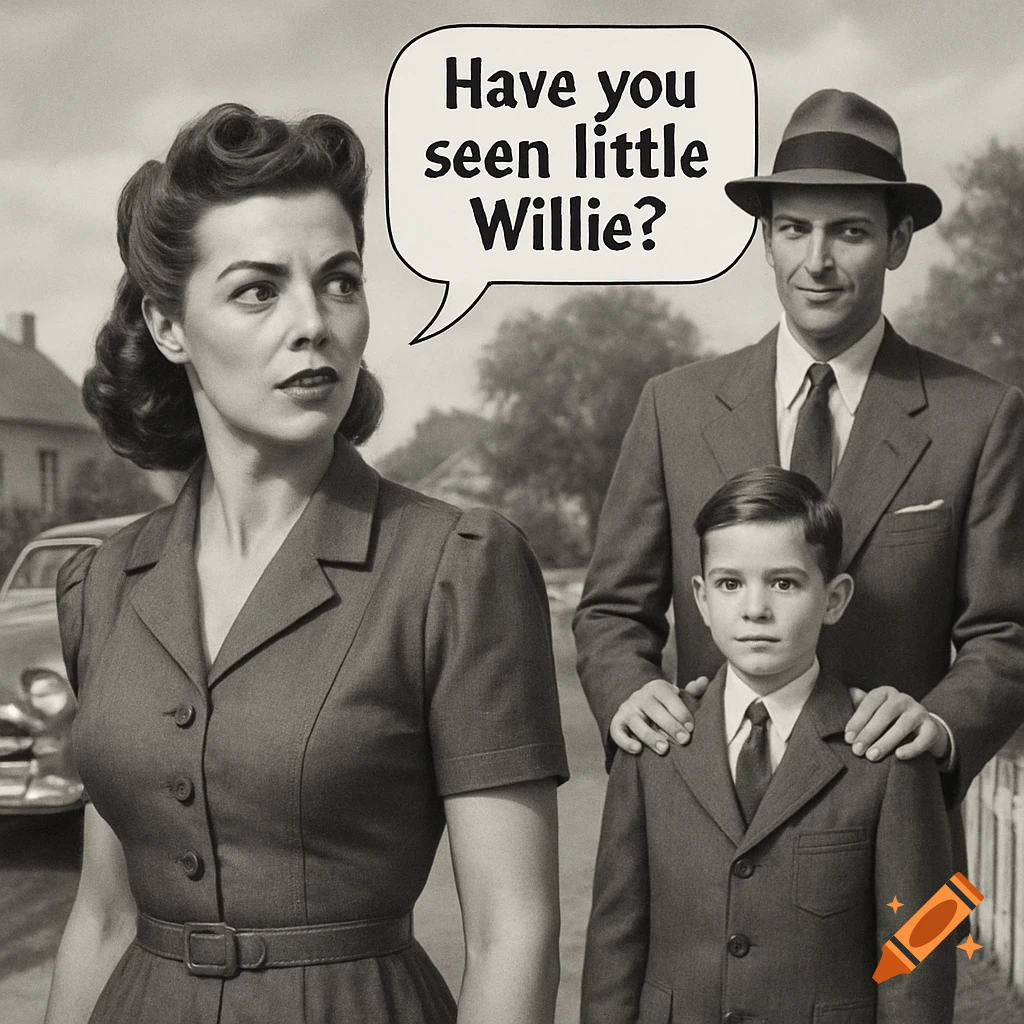 A 1950s black and white portrait featuring a woman asking "Have you seen little Willie?" in a speech bubble, with a man and boy behind her.