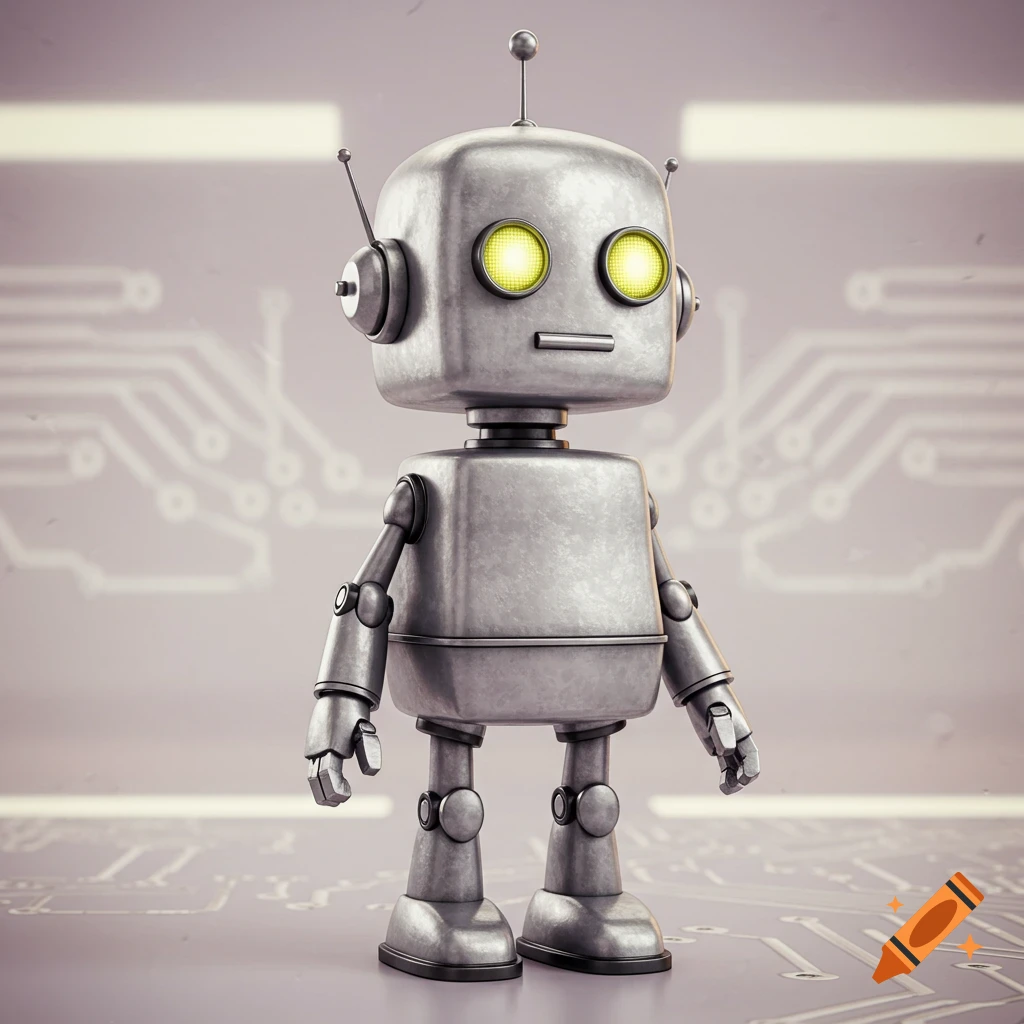 A silver retro robot with glowing yellow eyes stands against a background of circuit board patterns.