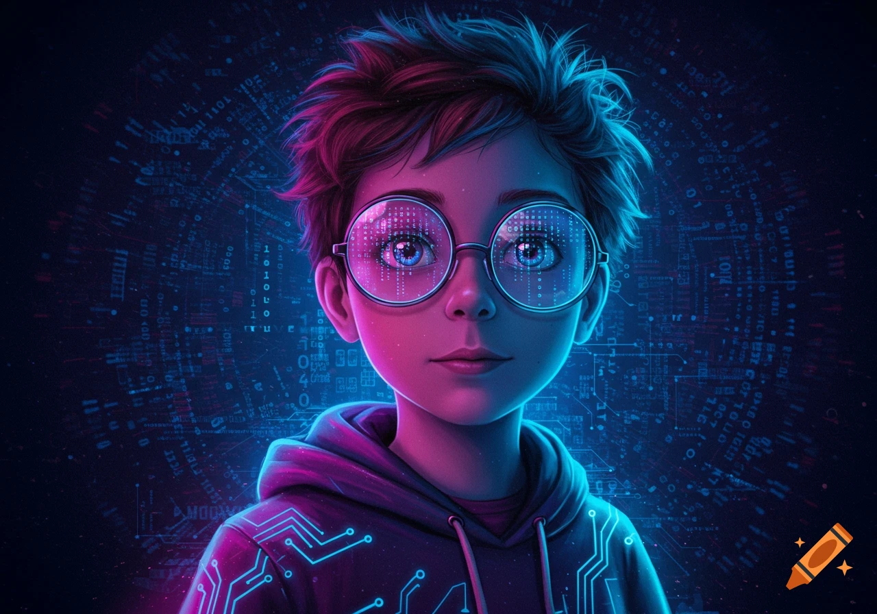 Stylized boy with round glasses and a hoodie, set against a dark blue background with glowing digital code patterns.