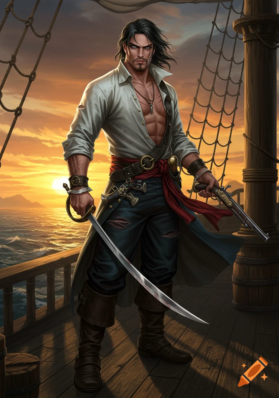 Muscular pirate with dark hair stands on a ship's deck at sunset, holding a sword and pistol. Digital illustration.