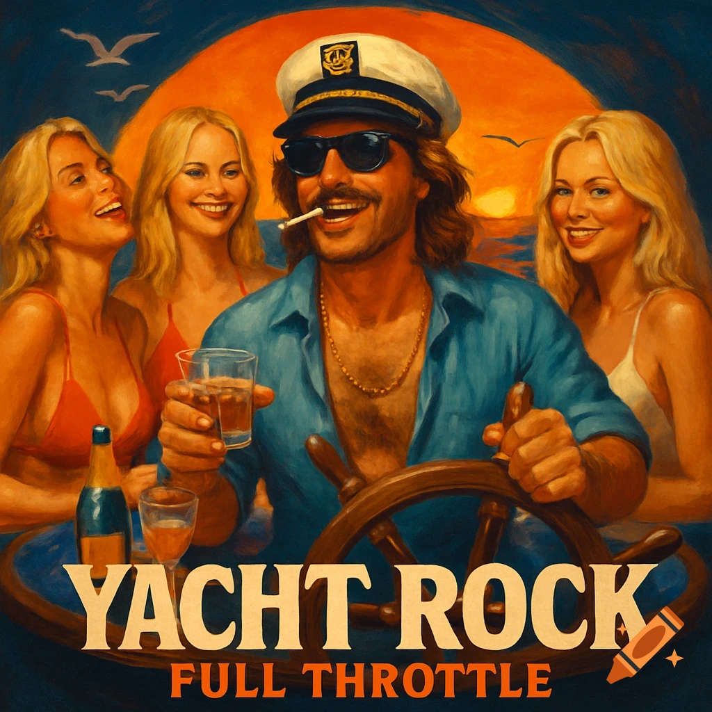 Vintage 80s painting of a man in a captain's hat steering a yacht with three women at sunset. 'YACHT ROCK FULL THROTTLE' text.