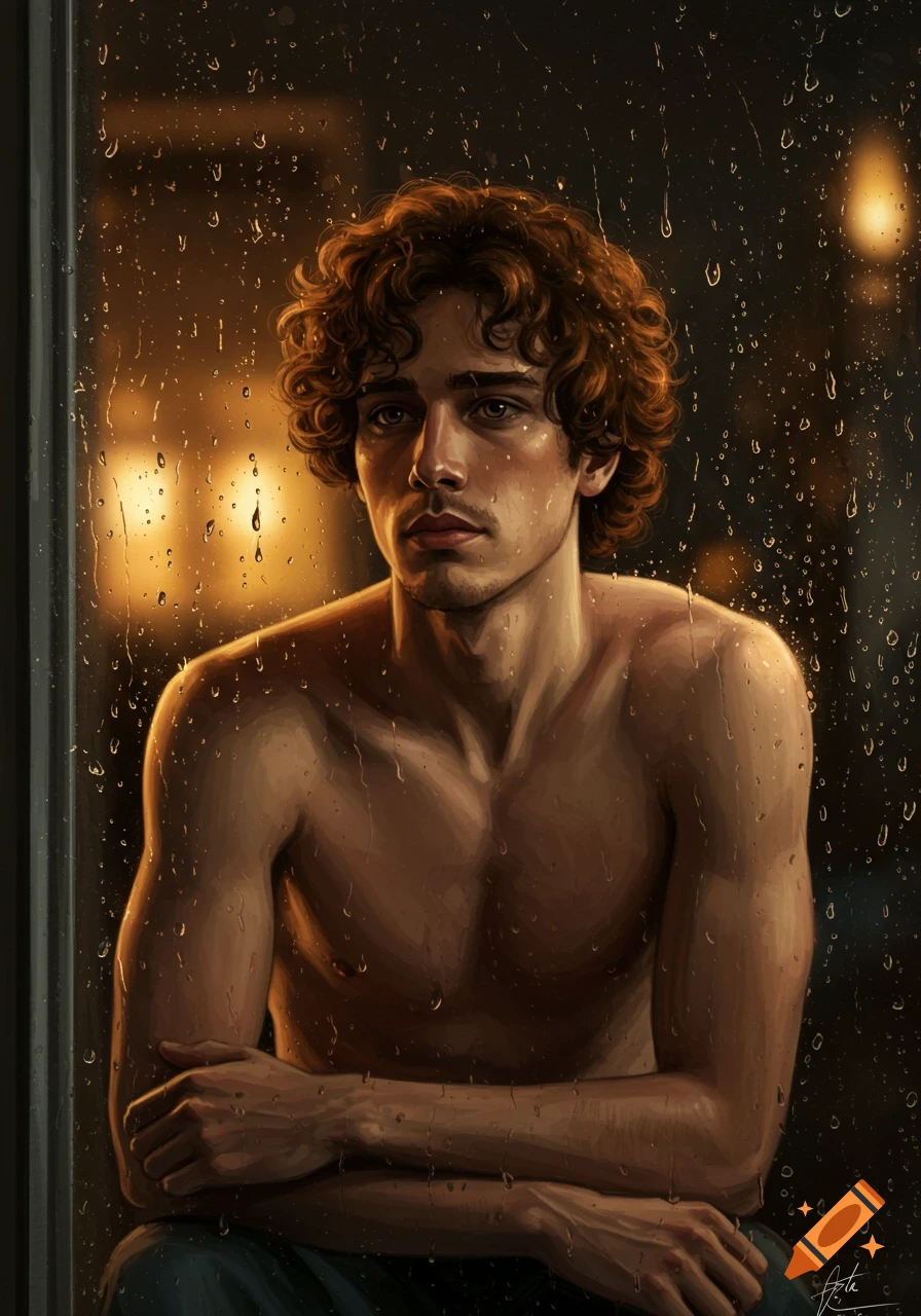 A man with curly brown hair sits shirtless, looking sad, viewed through a rain-soaked window.
