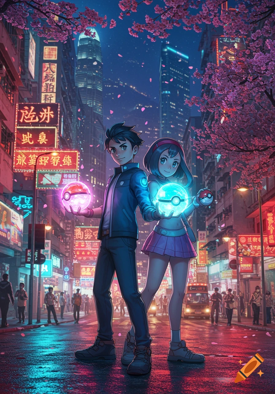 Anime couple holding glowing Pokeballs in a neon-lit Hong Kong cityscape with cherry blossoms at night.