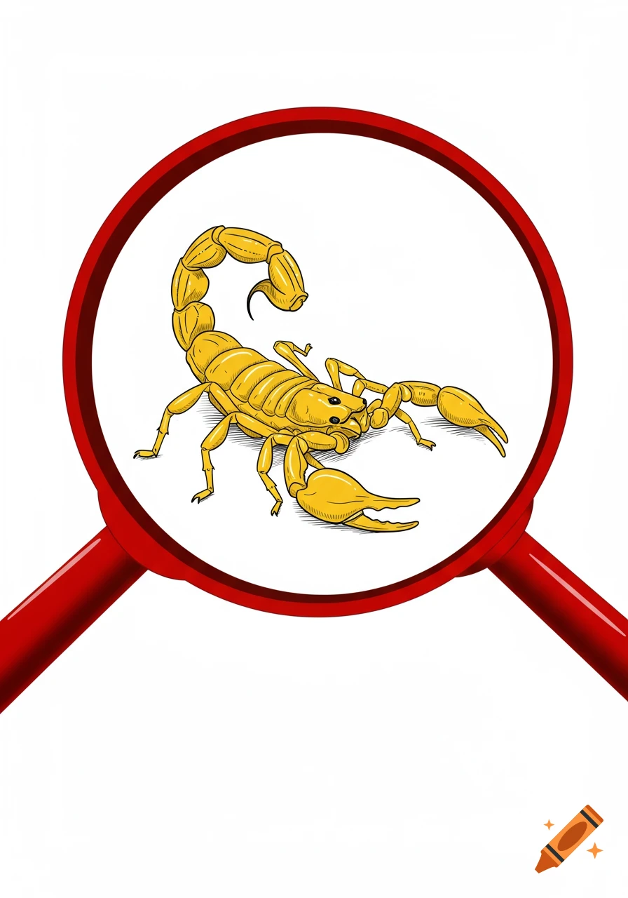 A yellow scorpion is viewed through a red magnifying glass in a line drawing style.