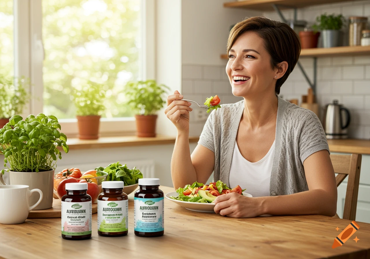 Photorealistic image of a woman happily eating a salad at a kitchen table with supplement bottles nearby.