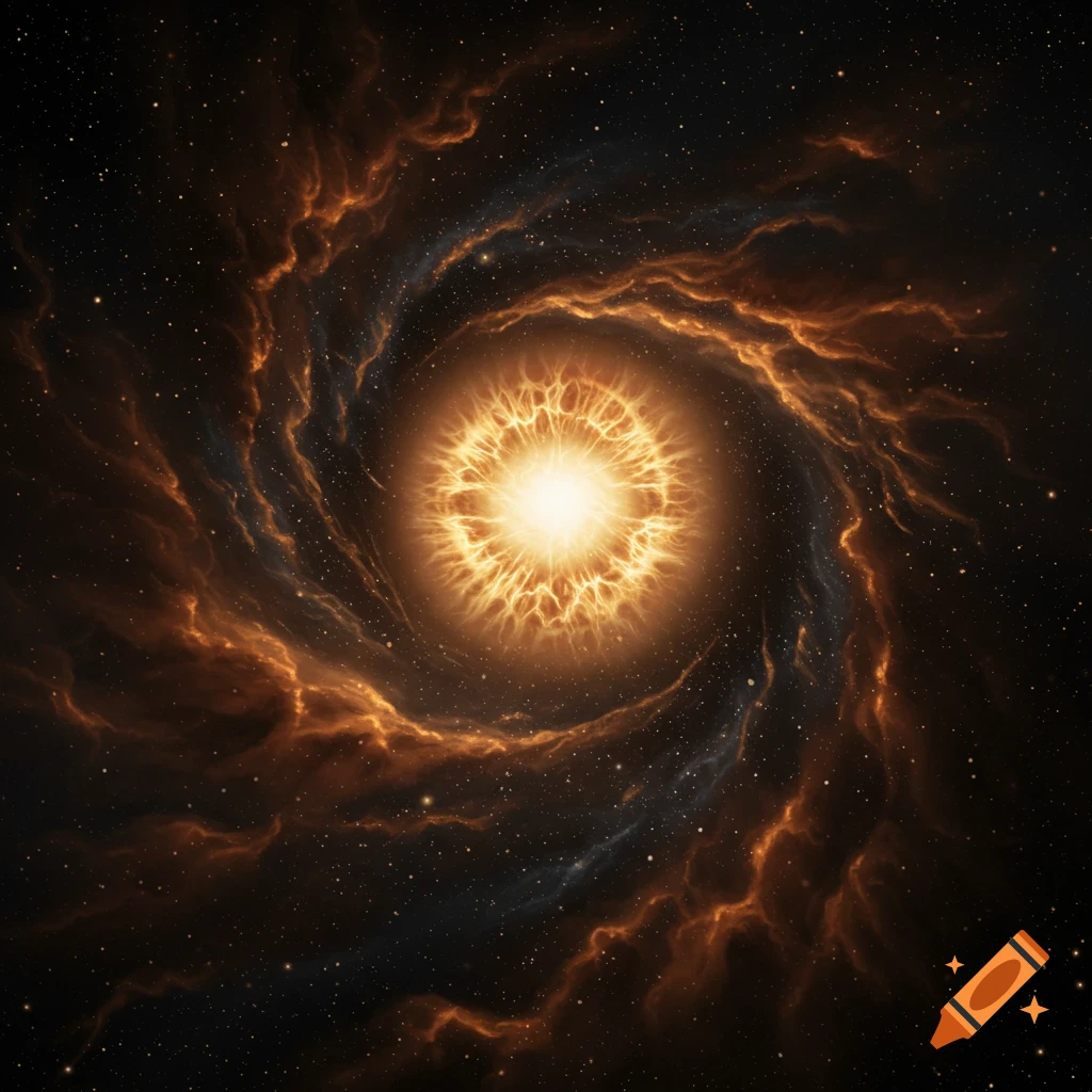 A bright, glowing celestial object with orange and brown swirling nebulae radiating outwards against a dark, starry background.