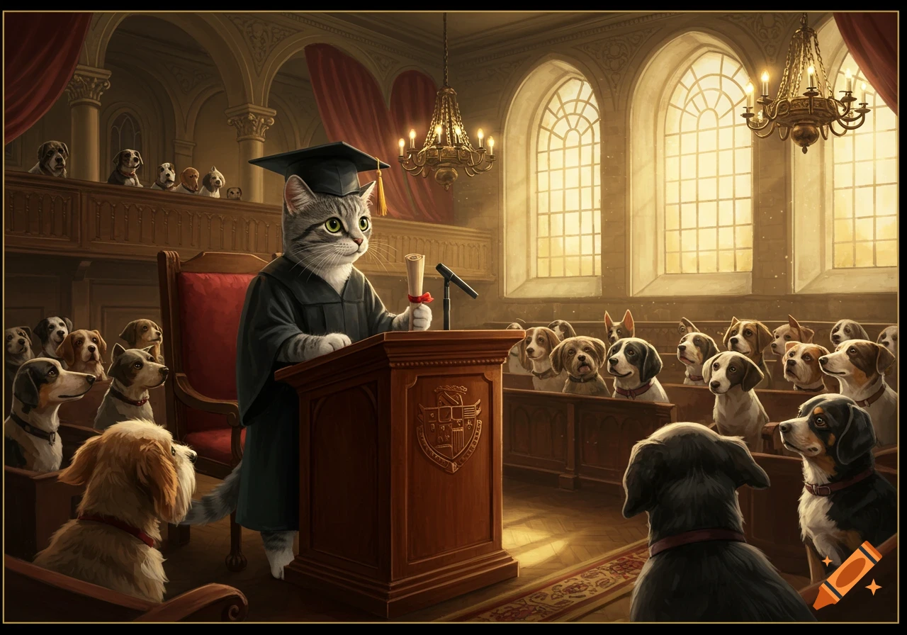 An anthropomorphic cat in a graduation cap and gown gives a speech from a podium to an audience of dogs in a large, grand hall.