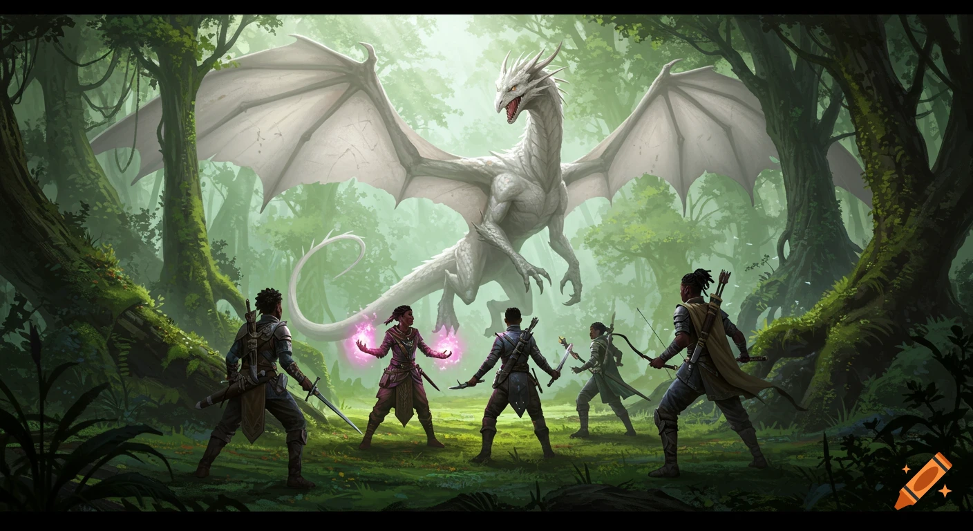 Five adventurers battle a giant white dragon in a lush forest, digital fantasy art.