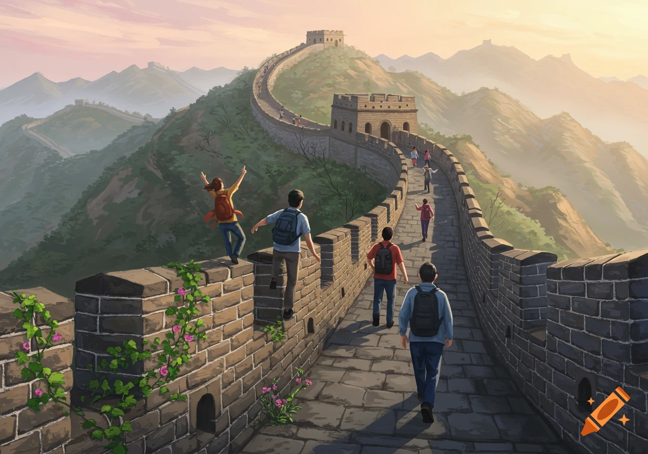 Illustration of tourists hiking along the winding Great Wall of China at sunset, surrounded by green mountains.