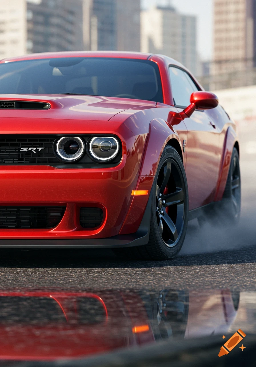 A bright red Dodge Challenger SRT sports car on a wet road, with smoke coming from the front wheel, against a blurred city background.