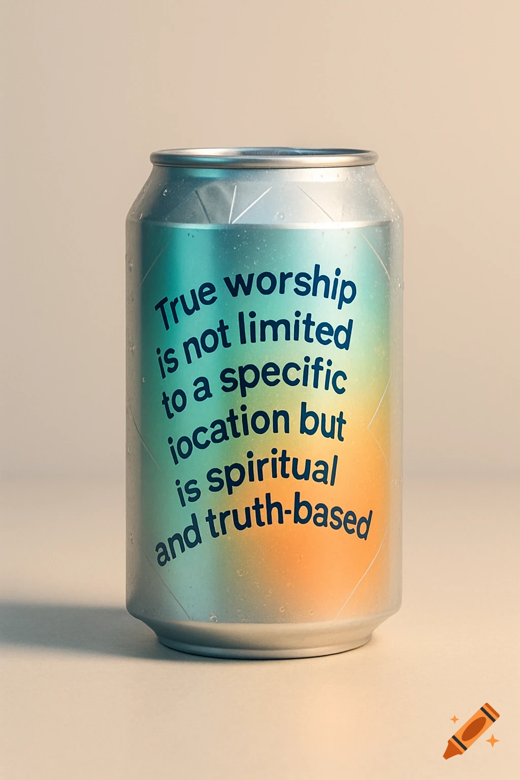 A photorealistic soda can with an ombre blue-green to orange label reads 'True worship is not limited to a specific location but is spiritual and truth-based'.