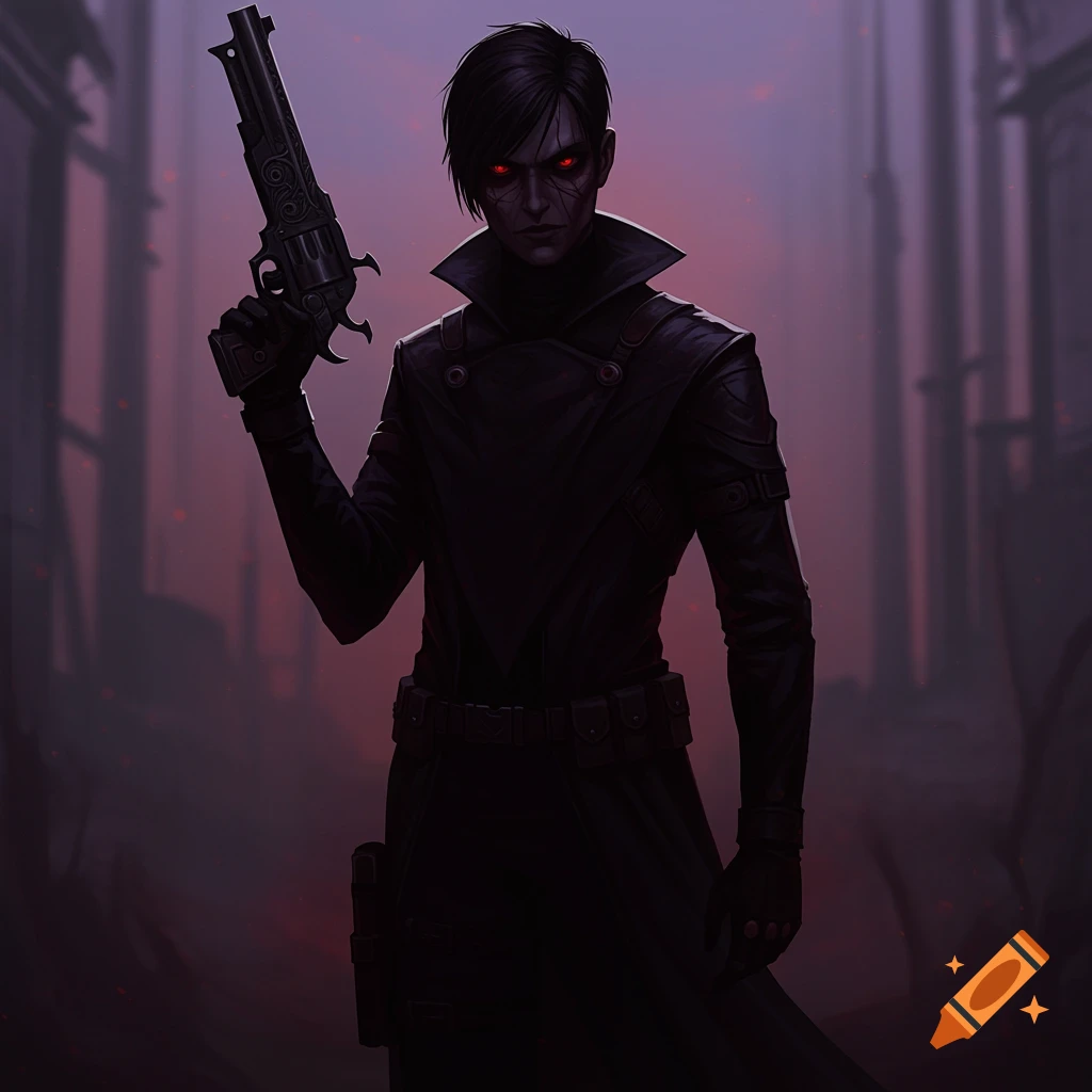 A dark fantasy character with glowing red eyes, dressed in a black coat, holds a revolver in a desolate, dark setting.