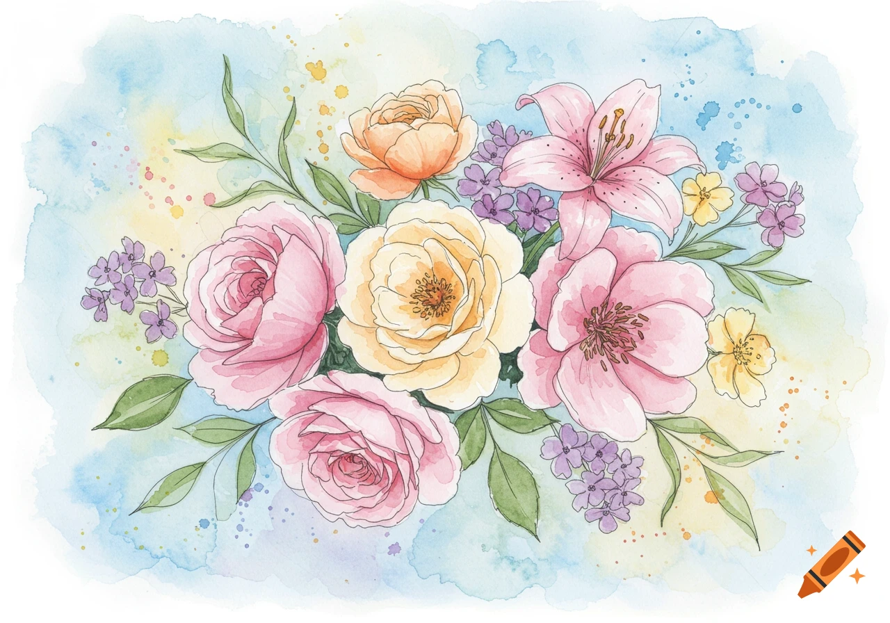 A beautiful watercolor illustration of a bouquet of pink, yellow, and orange flowers on a blue background.