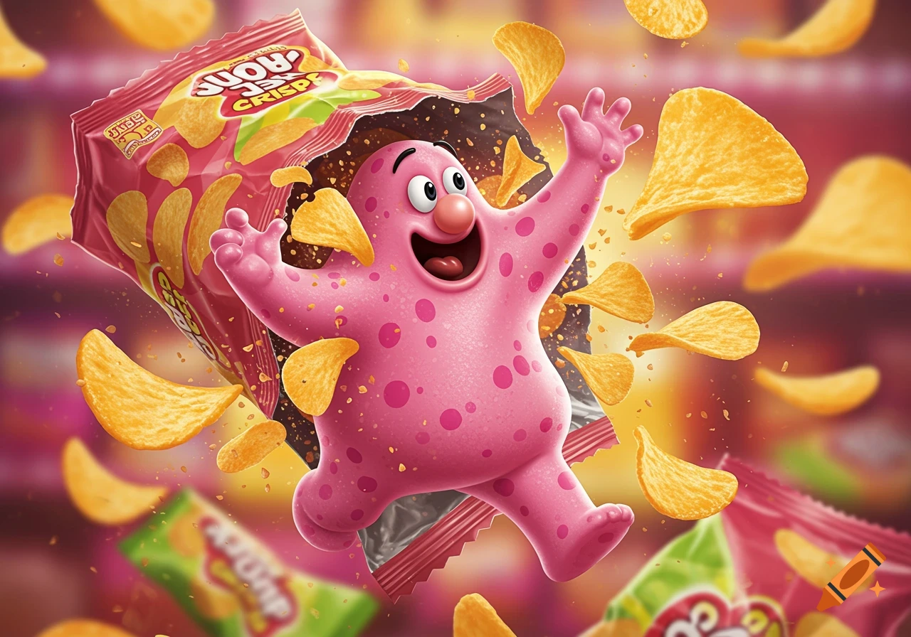 A cheerful pink cartoon character with spots bursts out of a potato chip bag, surrounded by flying chips.