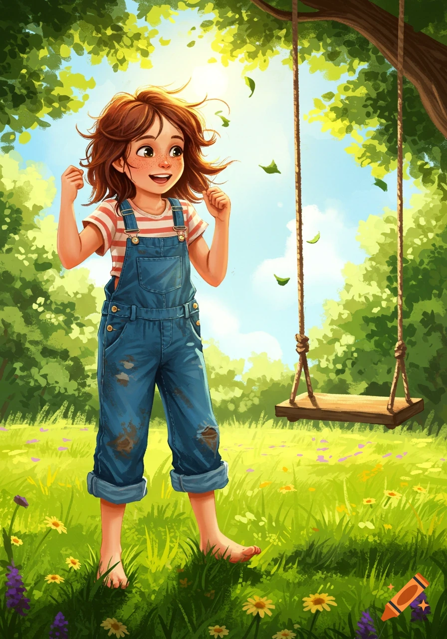 A vibrant illustration of a happy young girl with freckles and brown hair, standing barefoot in a sunny green field with a swing and trees in the background.