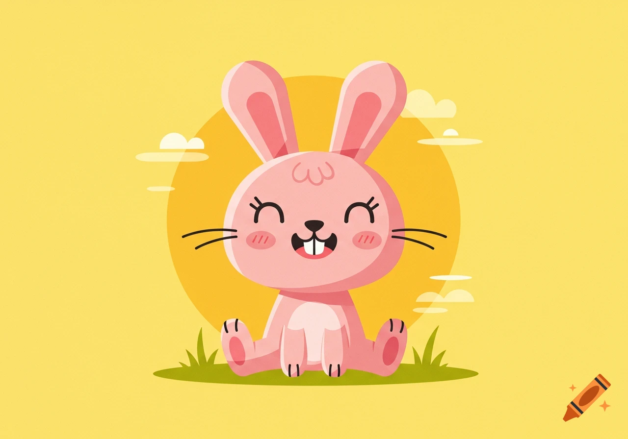 A happy pink cartoon rabbit with large ears sitting on green grass under a yellow sun against a light yellow background.