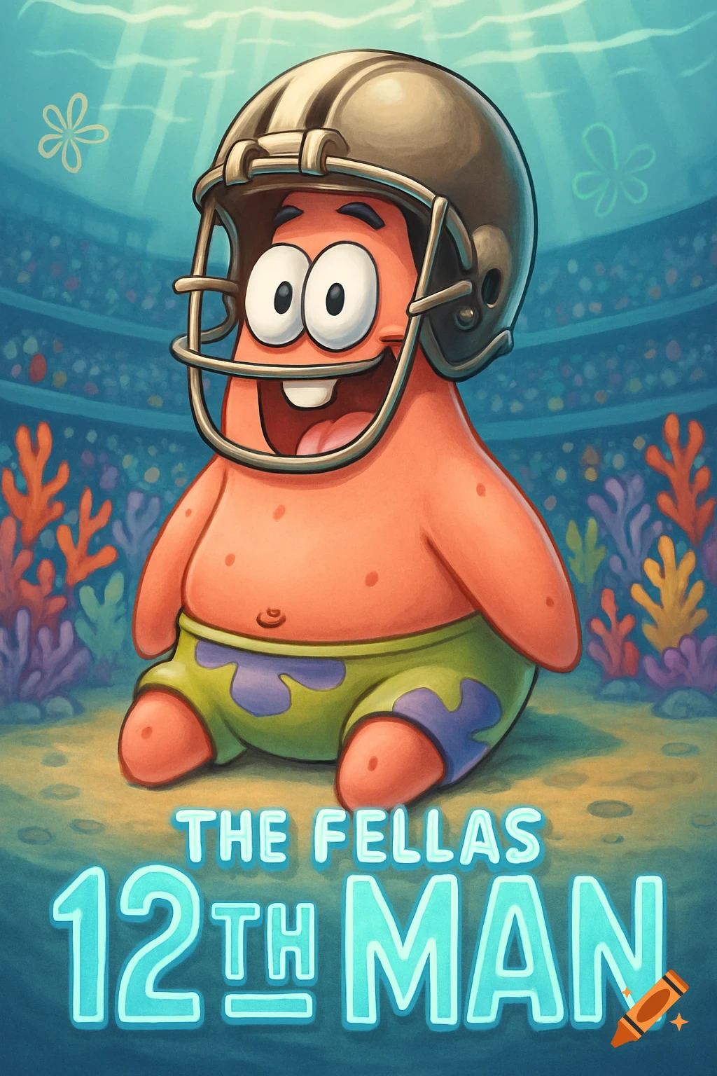Patrick Star from Spongebob Squarepants wearing a football helmet, sitting underwater in a stadium, with "THE FELLAS 12TH MAN" text below.