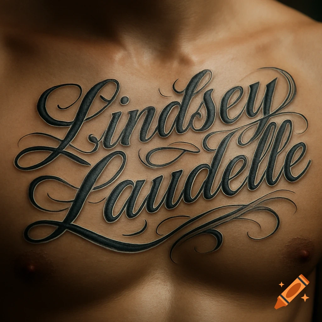 A realistic black cursive tattoo reading "Lindsey Laudelle" on a person's chest.