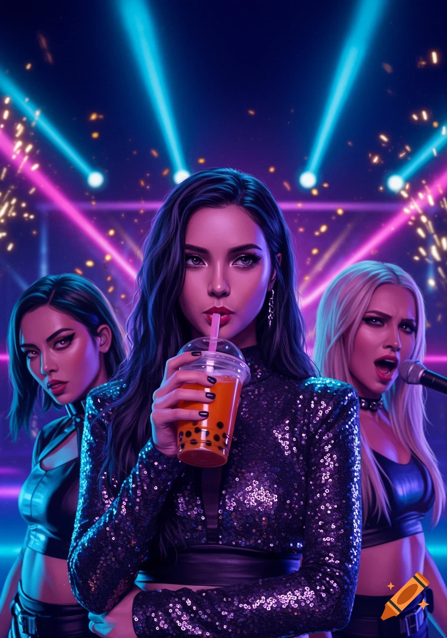 Three women on a neon-lit stage: one sips boba, another glares, and a third sings into a microphone. Stylized digital art.