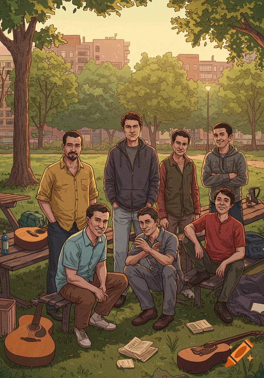 An illustration of seven men hanging out in a park with acoustic guitars and papers on the ground.