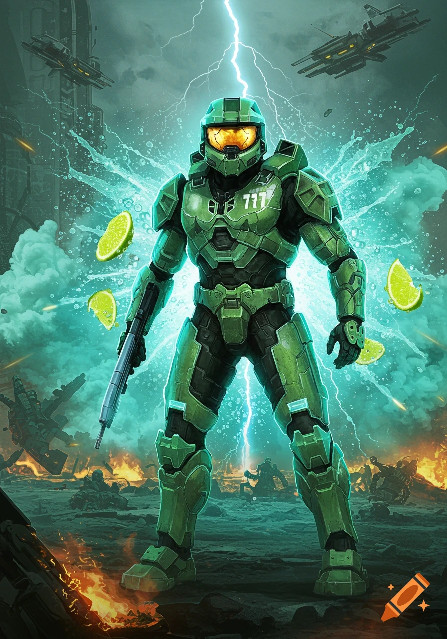Master Chief in green armor stands amid lightning and debris, holding a rifle, with limes floating around.