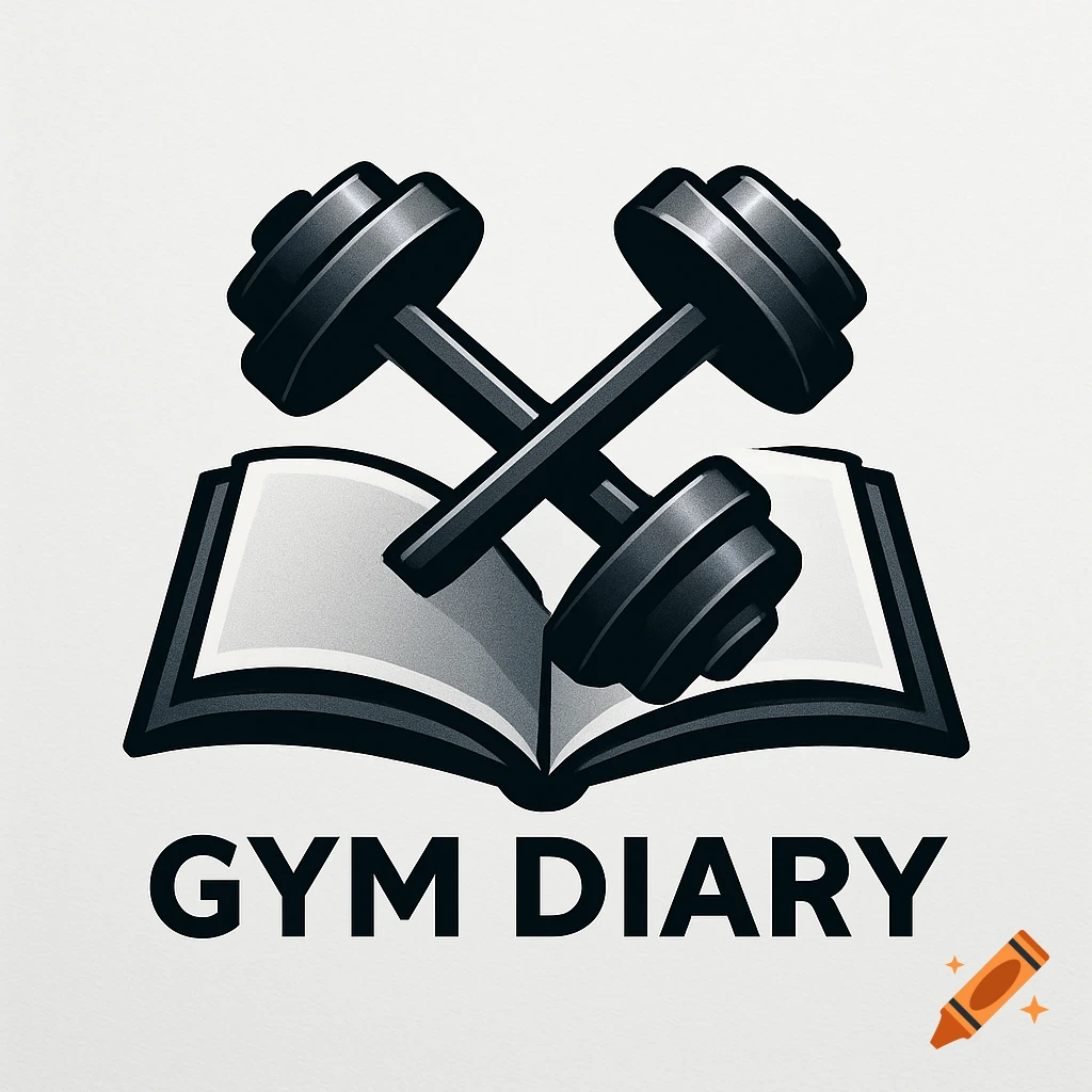 A black and white stylized logo featuring two crossed dumbbells over an open book with the text "GYM DIARY" below.