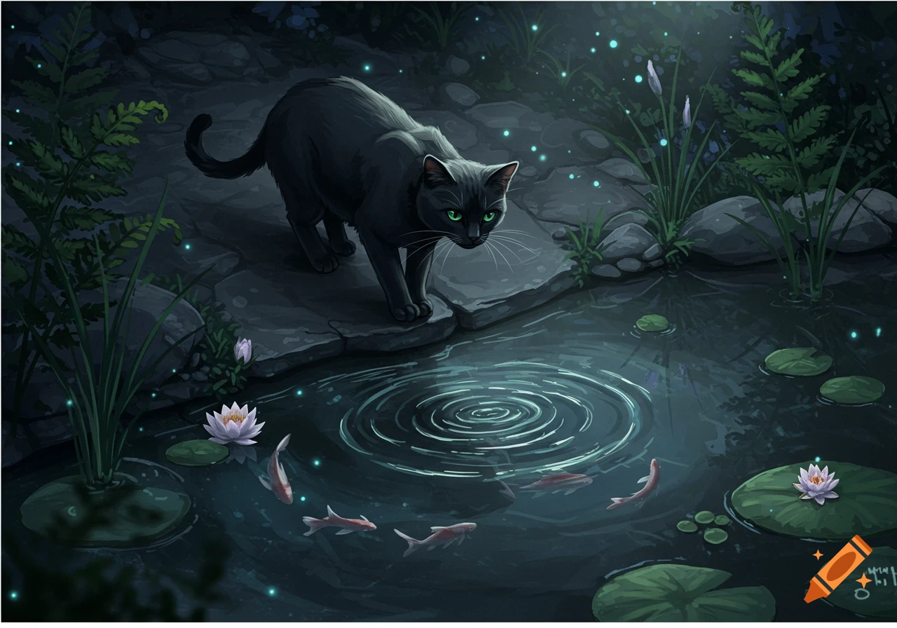 A black cat with glowing green eyes stalks goldfish in a moonlit pond surrounded by ferns and lily pads in a digital art style.