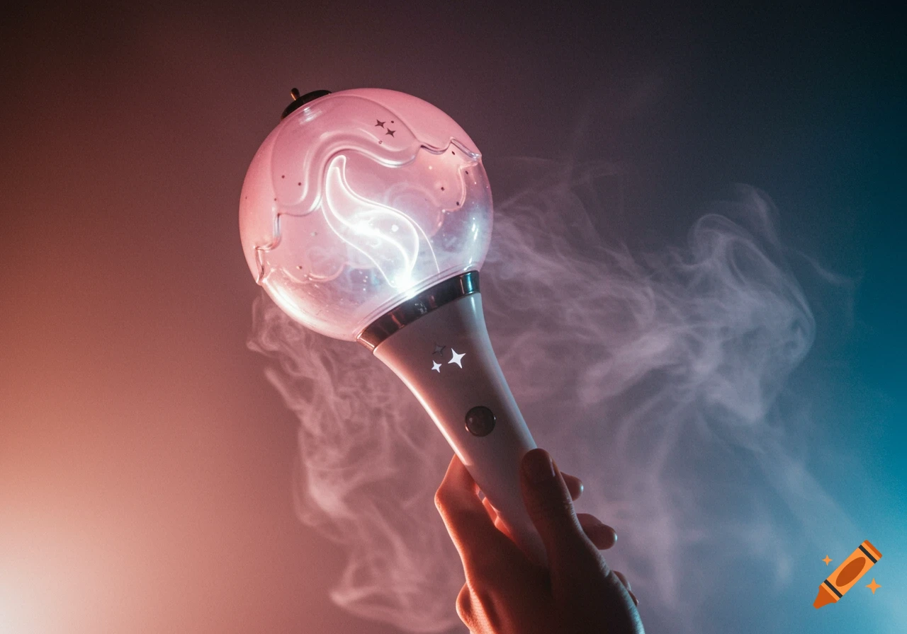 A hand holds a glowing pink and white lightstick amidst smoke with a red and blue background.