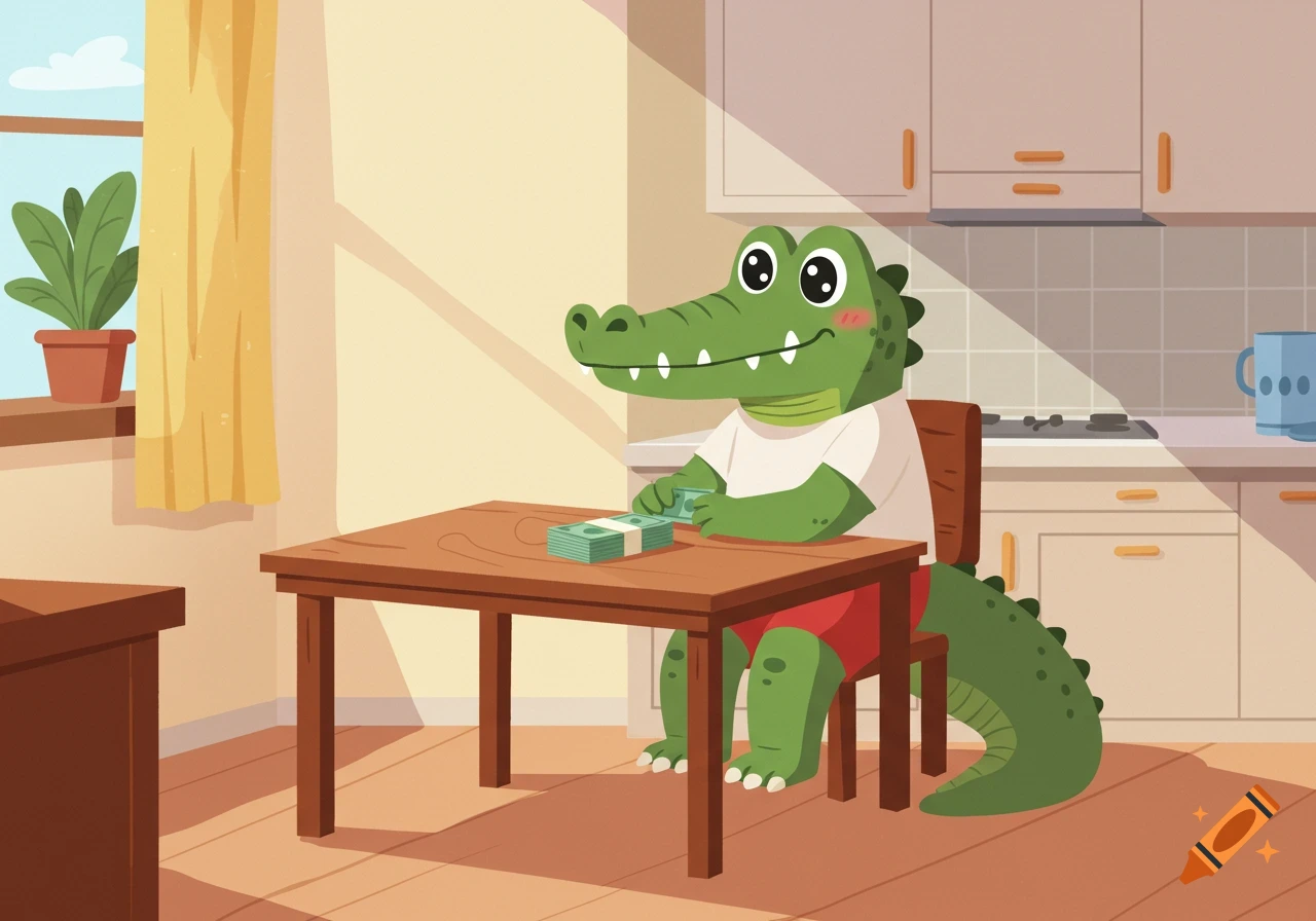 A cute green cartoon crocodile sits at a kitchen table, counting a stack of cash in a flat illustration.