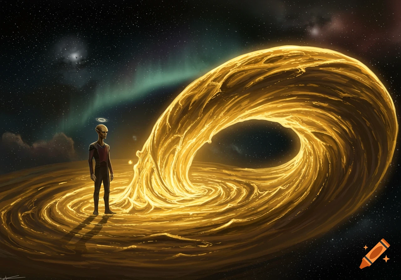 A humanoid alien with a halo stands on a swirling golden energy mass in space, with a nebula and stars.