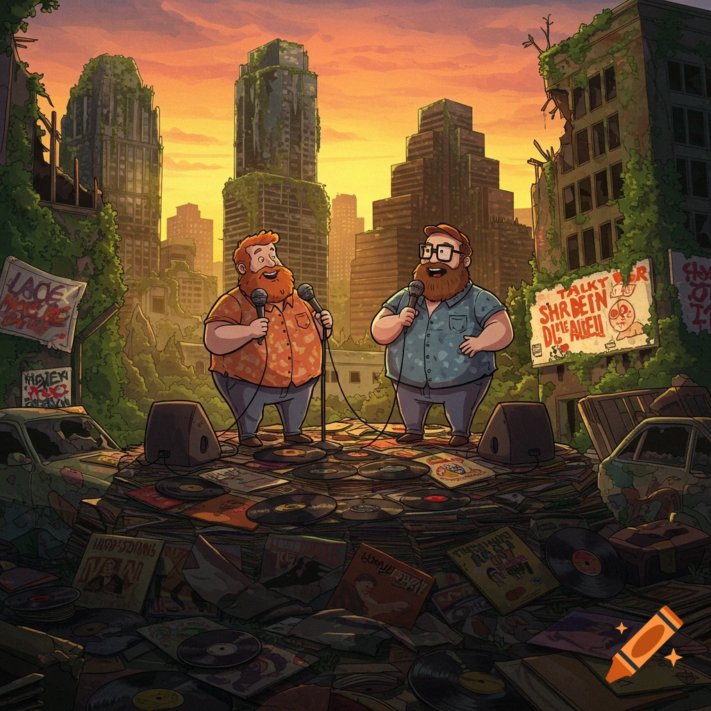 Two portly, bearded men performing stand-up comedy on a pile of vinyl records and album covers in a post-apocalyptic city at sunset, cartoon style.