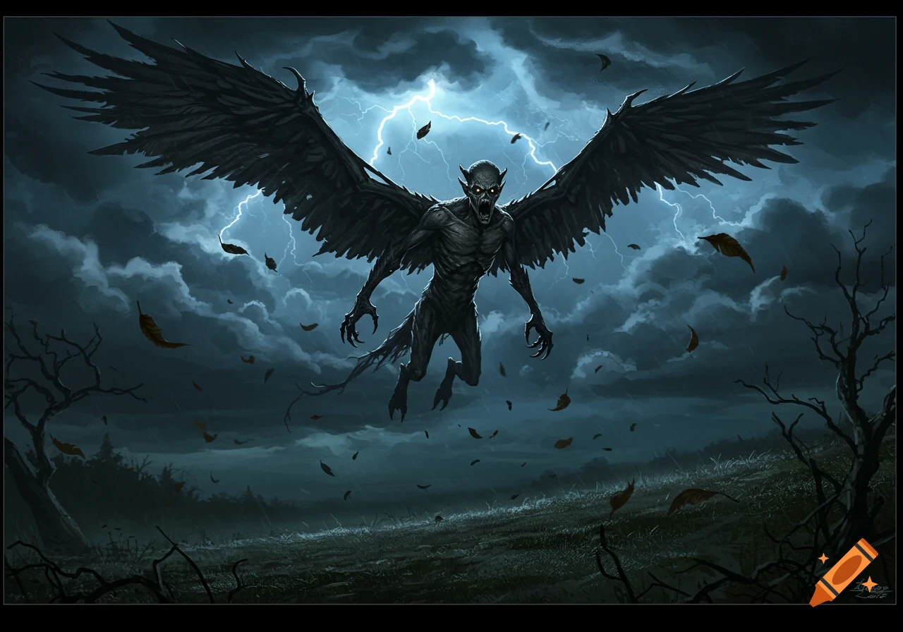 A dark, winged monster with glowing eyes and sharp claws flies through a stormy, lightning-filled sky over a desolate landscape at night.