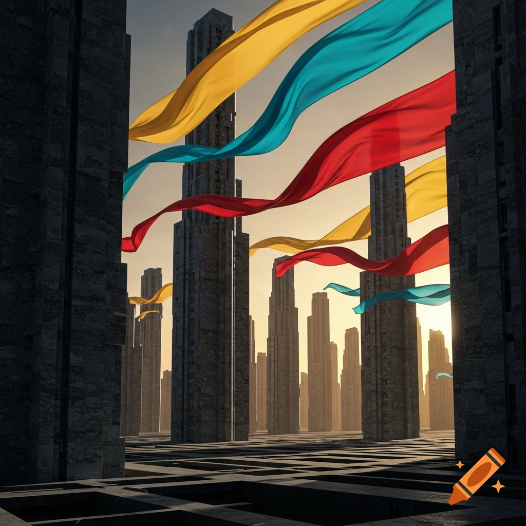 Abstract cityscape with tall dark skyscrapers and vibrant yellow, cyan, and red ribbons flowing between them against a warm, hazy sky.