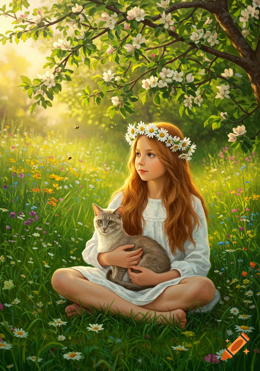 A young girl with long red hair and a daisy crown sits in a sunny meadow, holding a gray cat under a blossoming tree.