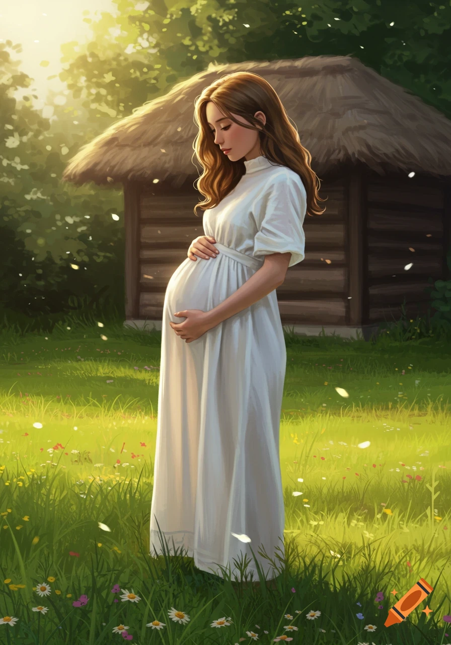 A pregnant woman in a white dress stands in a sunny, grassy field with a rustic wooden hut in the background, looking serene.