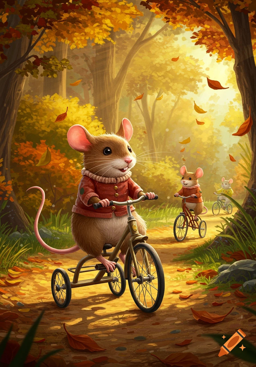 Whimsical illustration of anthropomorphic mice riding tricycles on an autumn forest path with golden sunlight and falling leaves.
