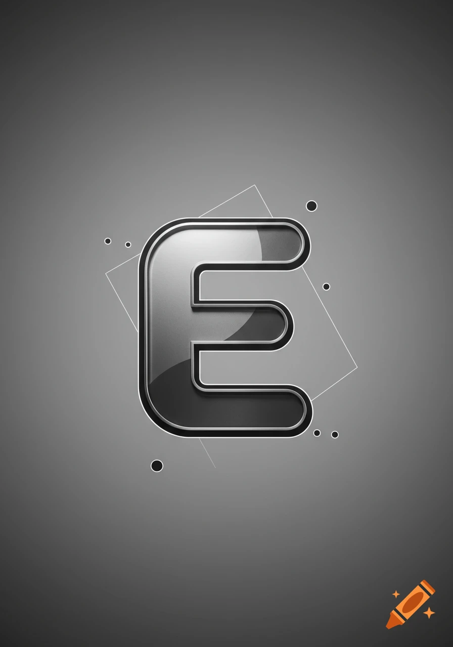Stylized letter E with a glossy, metallic appearance on a gray background, surrounded by abstract geometric shapes and dots.