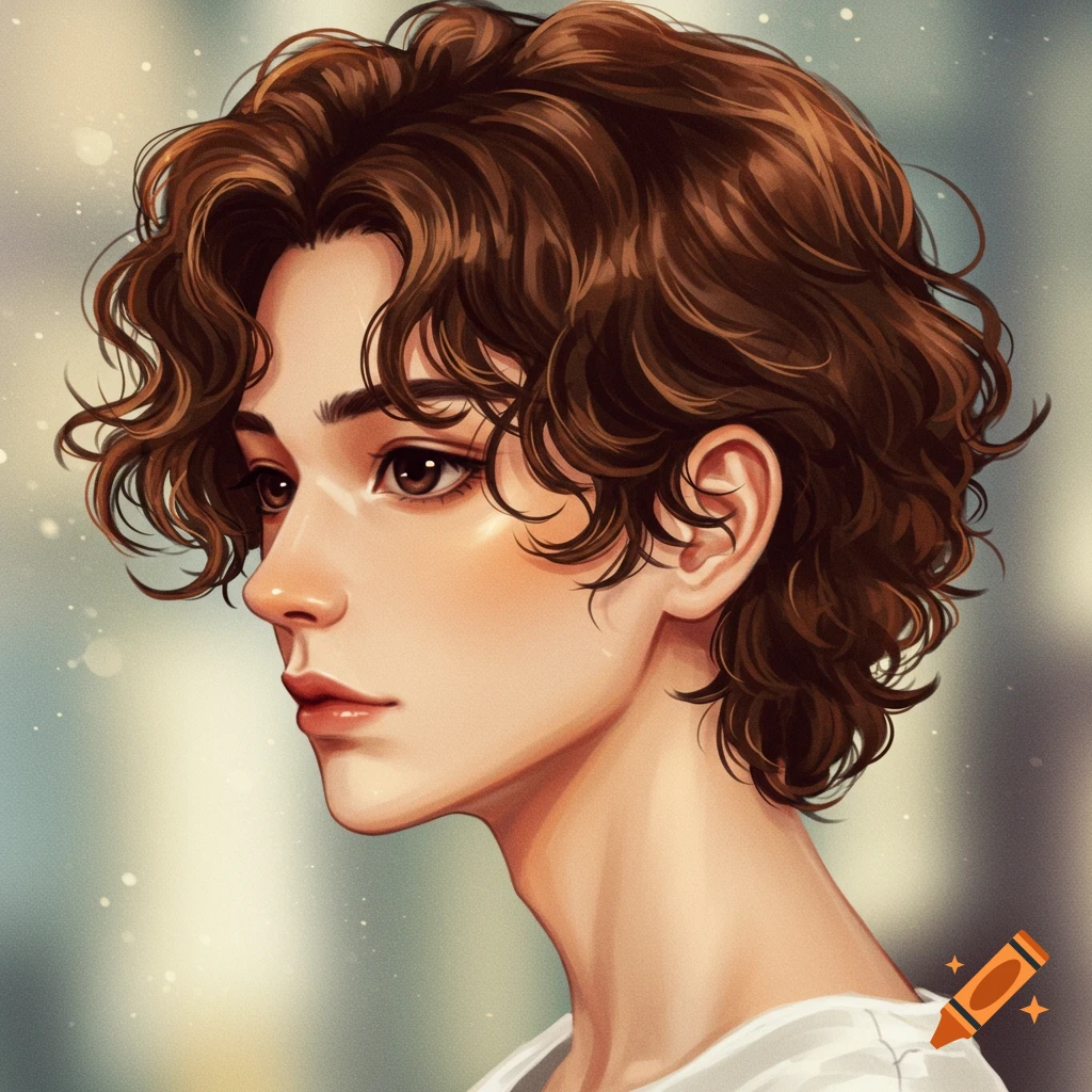 Anime-style portrait of a person with brown curly hair and dark eyes, looking to the side.