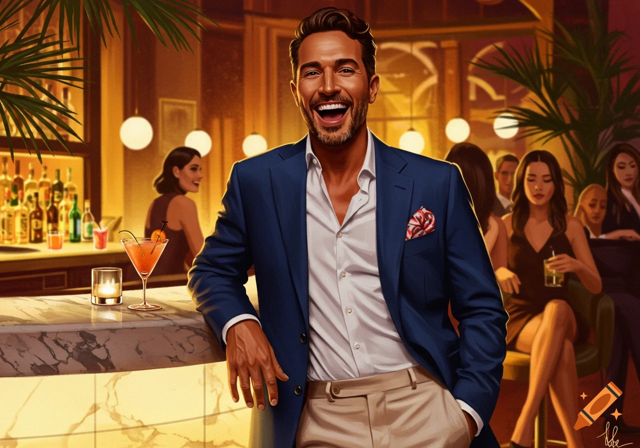 An illustration of a handsome man in a blue suit laughing at a bar, leaning on a marble counter. Cocktails and other people are in the background.