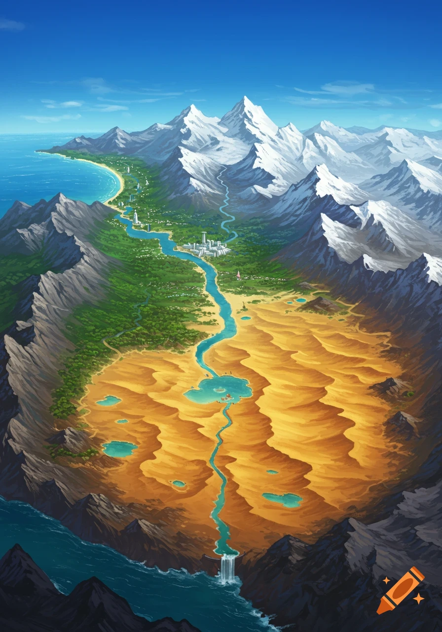 An illustrative fantasy map showing a diverse island with a snowy mountain range, a lush green valley with cities, a sandy desert with oases, and a coastline.