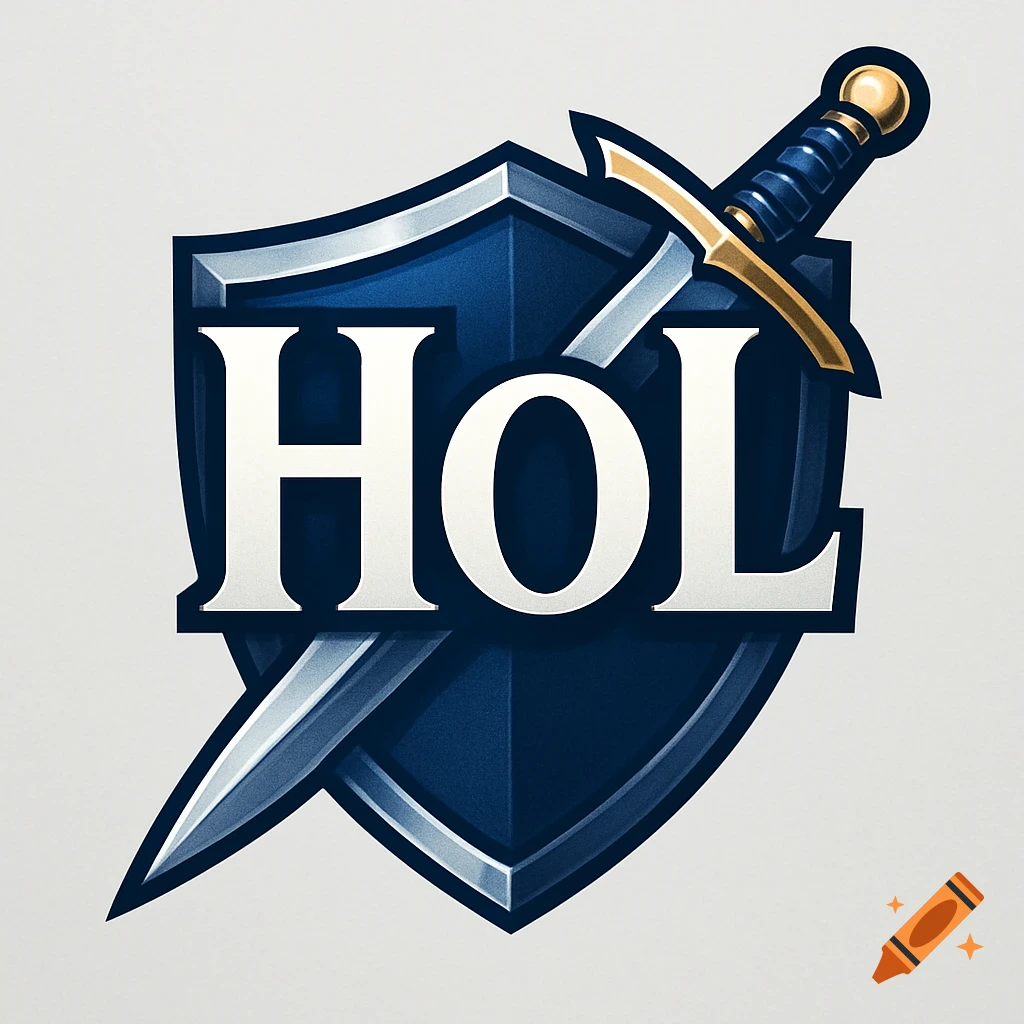 A dark blue shield logo with a silver outline, featuring the white letters "HoL" and a sword with a gold hilt crossing diagonally behind it.