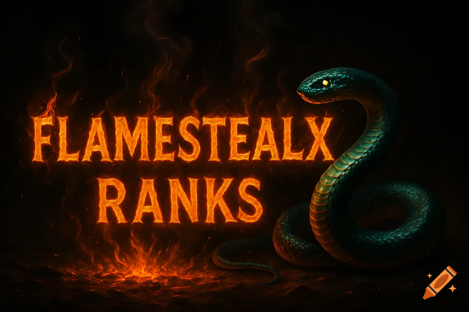 Flaming text "FLAMESTEALX" and "RANKS" next to a teal snake with glowing eyes on a dark, smoky background.