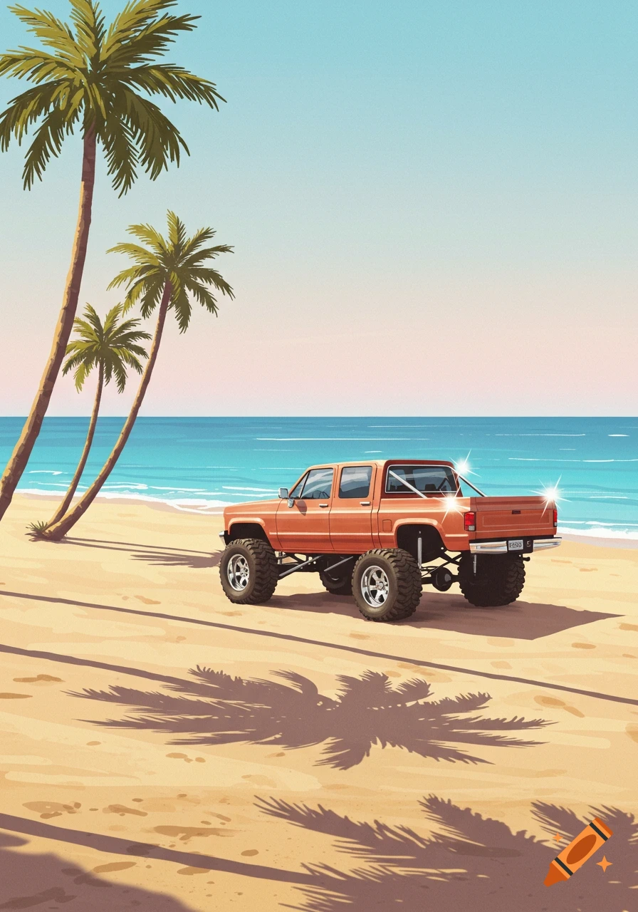An orange lifted truck parked on a sunny beach with palm trees, in a minimalist illustration style.